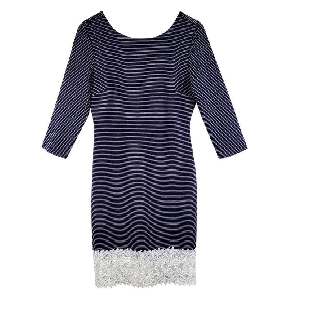 Cremiuex Navy Blue Striped Dress White Lace Trim Womens Medium Classic Work‎